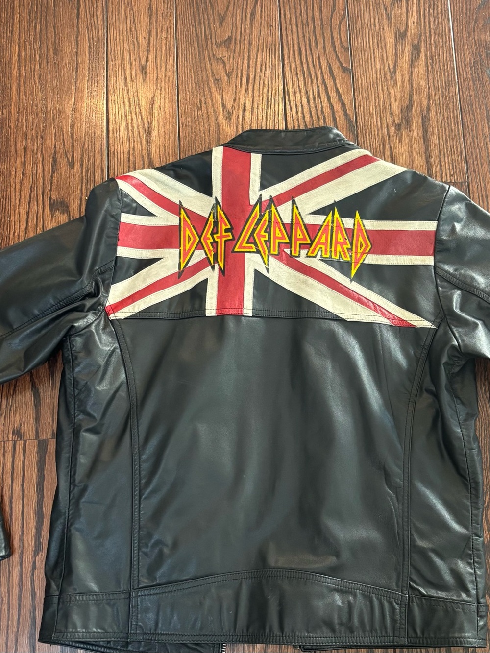 Vintage Wilsons Leather Black Leather Moto Jacket -Union Jack Def Leppard